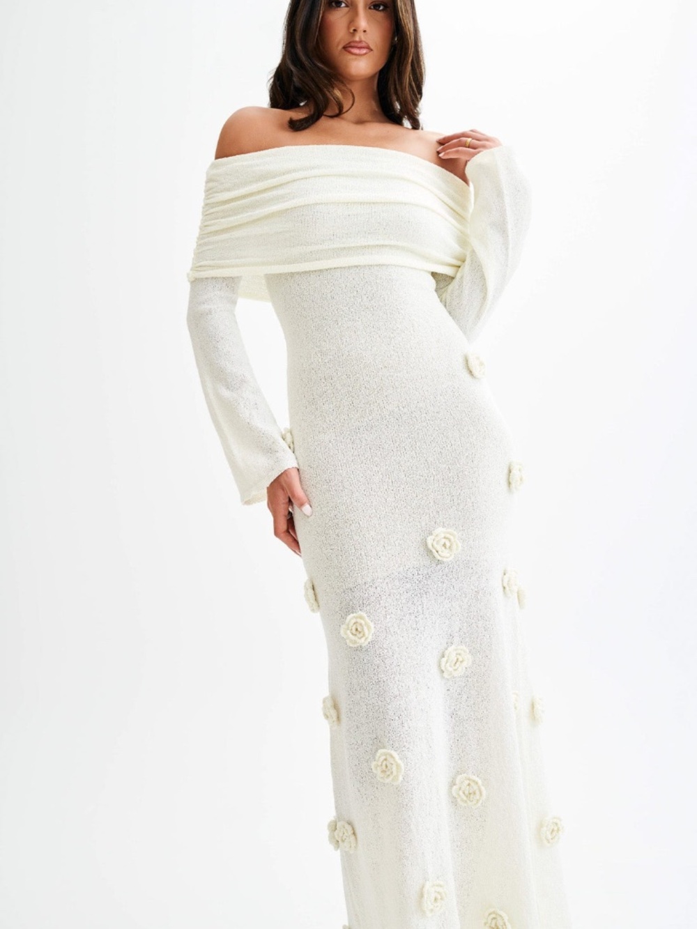 Meshki Kiki Off Shoulder Knit Rose Maxi Dress - Ivory